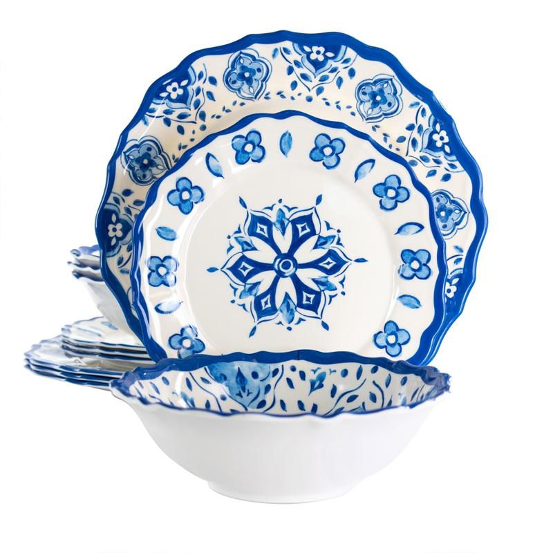 Elama Blue Garden 12-Piece Scalloped Dinnerware Set, Blue MPN:995114982M
