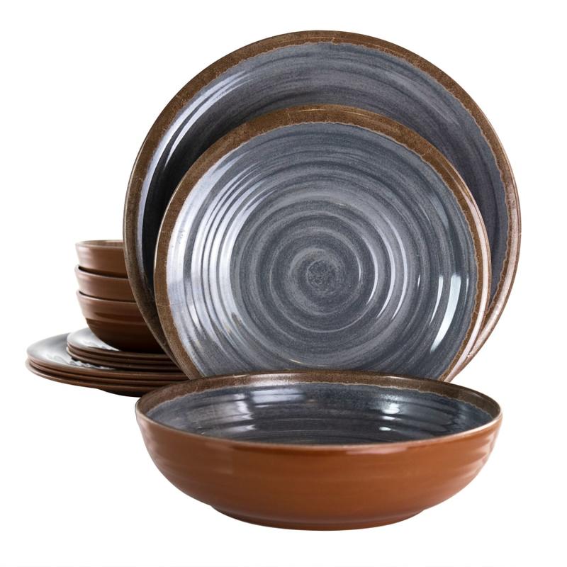 Elama Stone Oak 12-Piece Dinnerware Set, Black/Brown MPN:995114987M