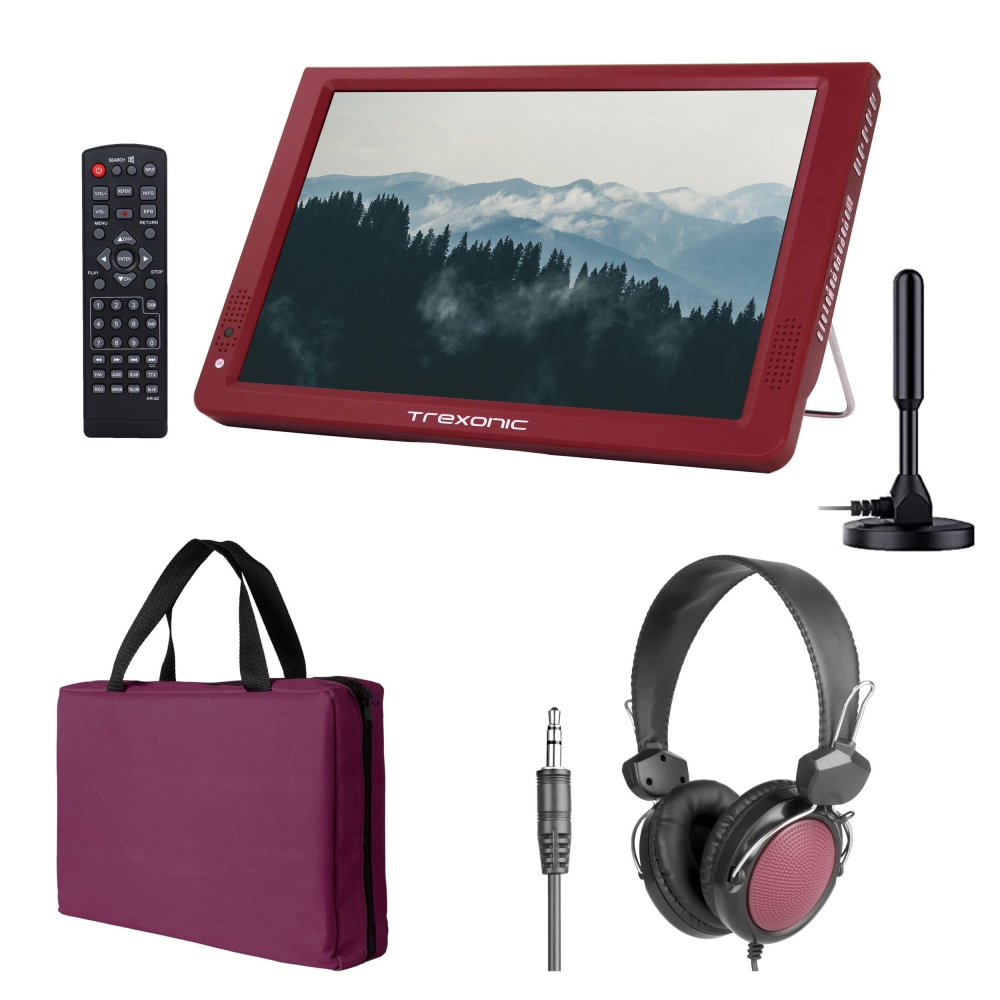 Trexonic Portable Rechargeable 14in LED TV With Amplified Antenna, Carry Bag And Headphones, Red, 995117421M MPN:995117421M
