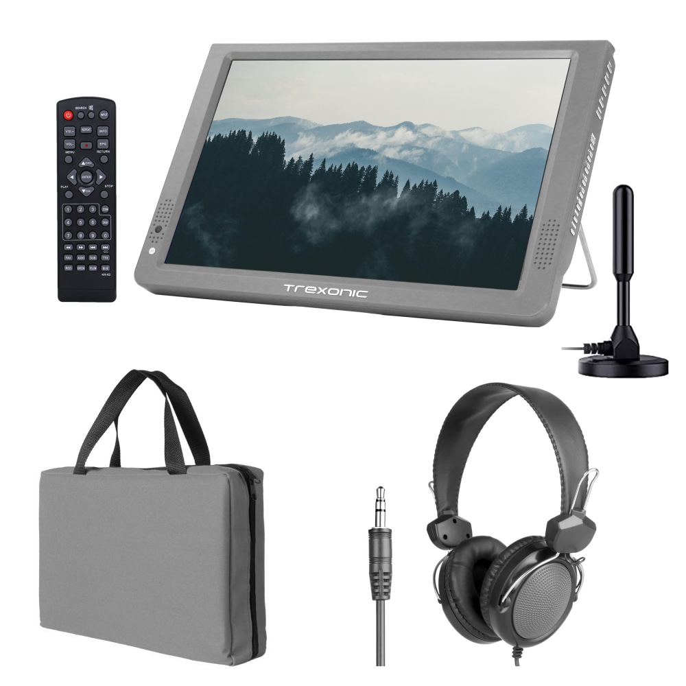 Trexonic Portable Rechargeable 14in LED TV With Amplified Antenna, Carry Bag And Headphones, Gray, 995117423M MPN:995117423M