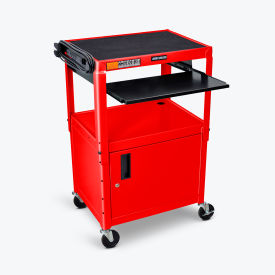 Luxor Adjustable-Height Steel AV Cart with Pullout Keyboard Tray and Cabinet Red 24