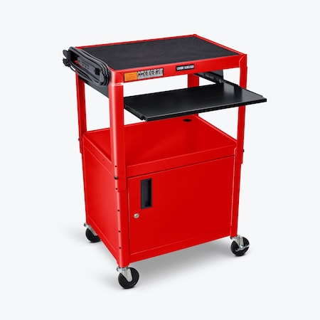 Adjustable-Height Steel AV Cart with Pullout Keyboard Tray and Cabinet MPN:AVJ42KBC-RD