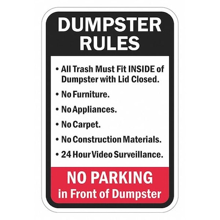 Rflctv Dumpster Rules Sign, 18x12in, Alum, T1-1693-EG_12x18 MPN:T1-1693-EG_12x18