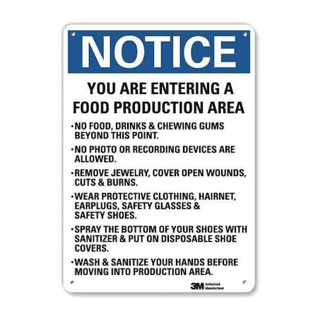 You are Entering Food Production Area No Food, Drinks., 10 in x 7 in, Plastic, U5-1633-NP_7X10 MPN:U5-1633-NP_7X10