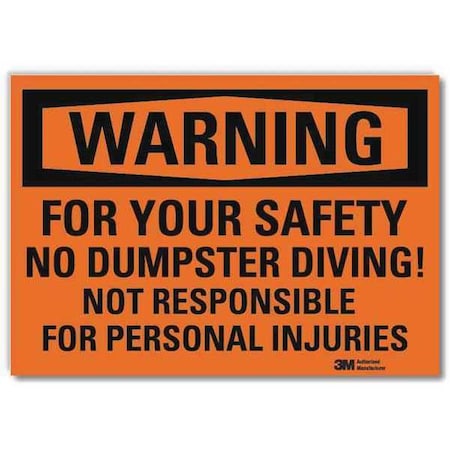 Warning Sign, No Dumpster Diving, 10 in. W MPN:U6-1094-RD_10X7