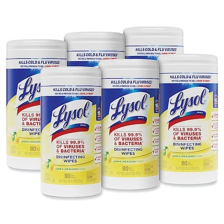 Disinfecting Wipes, 1-Ply, 7 x 7.25, Lemon and Lime Blossom, White, 80 Wipes/Canister, PK6 MPN:19200-77182