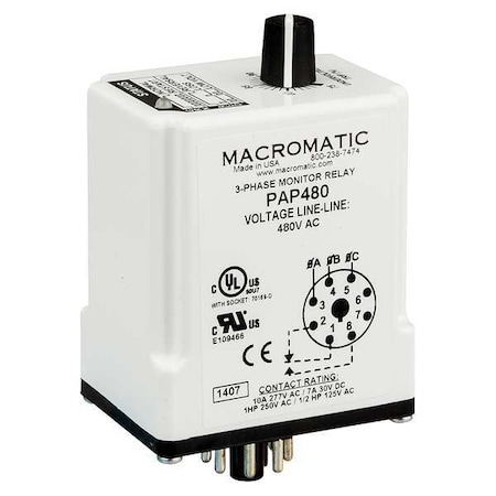 3 Phase Monitor Relay, SPDT, 208VAC, 8 Pin MPN:PAP208