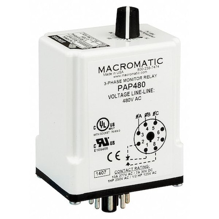 3 Phase Monitor Relay, SPDT, 240VAC, 8 Pin MPN:PAP240