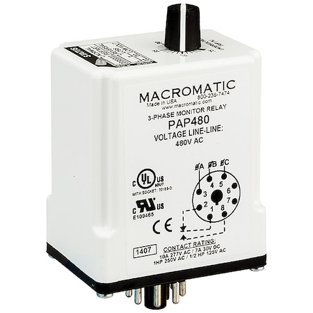 3 Phase Monitor Relay, SPDT, 480VAC, 8 Pin MPN:PAP480
