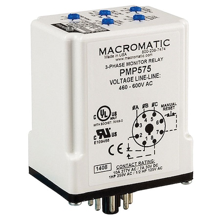 3 Phase Monitor Relay, SPDT, 600VAC, 8 Pin MPN:PMP575