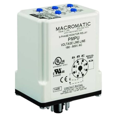 Phase Monitor Relay, 8 Pin Octal, 3 Phase, SPDT, 190-250V Low Voltage, 380-500V High Voltage MPN:PMPU
