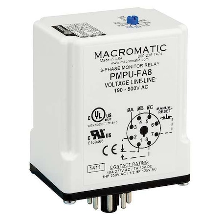 Phase Monitor Relay, 8 Pins, 190-500V AC MPN:PMPU-FA8