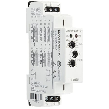 Multifunction Time Delay Relay, Square, Multi Function, 10 Functions 12 to 240V AC/DC, DPDT MPN:TE-8812U
