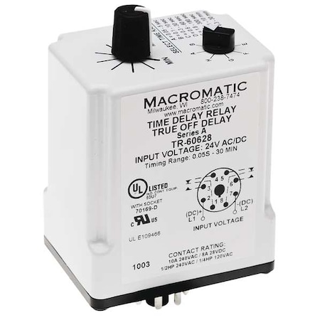 Single Function Time Delay Relay, Octal, Off Delay, 1 Functions 24V AC/DC, DPDT MPN:TR-60628