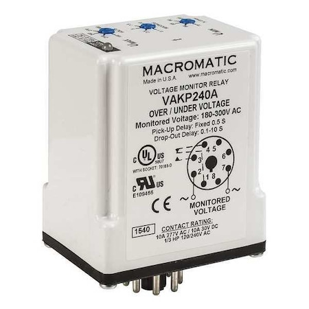 Voltage Sensing Relay, Octal Base Type, 12V DC, 8 Pins MPN:VAKP012D