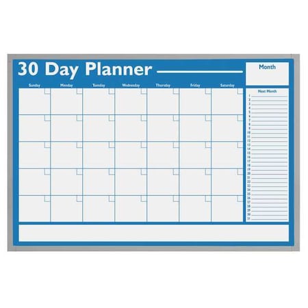 Calendar Planning Board, Plastic, 24 in, 36 in, Aluminum Frame, White/Blue, Gloss MPN:WO-01