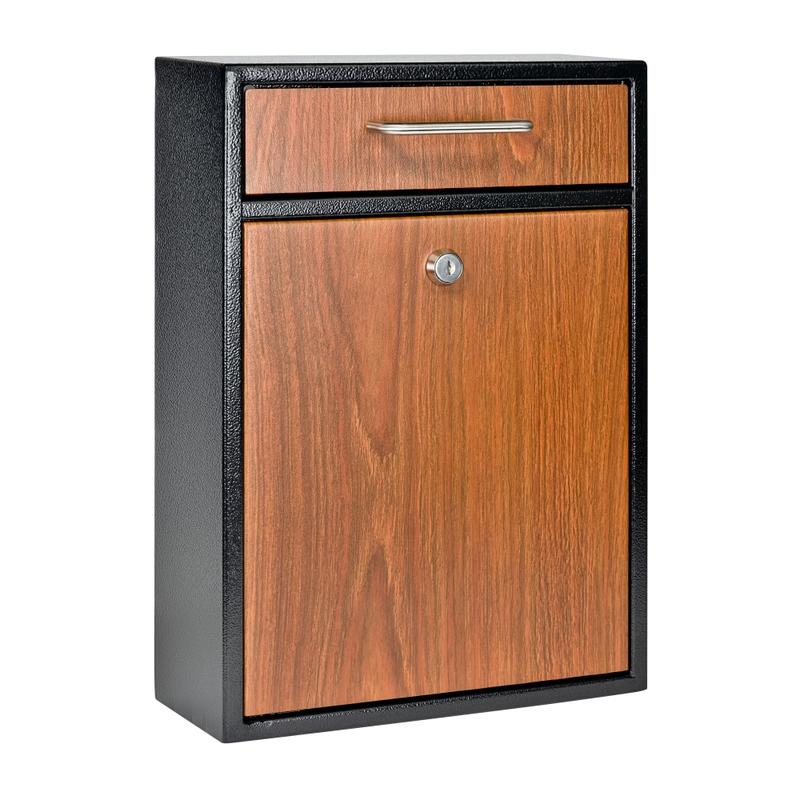 Mail Boss Locking Security Drop Box, 16-1/4inH x 11-1/4inW x 4-3/4inD, Black/Wood Grain MPN:7427