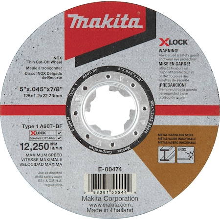 Cut Off Wheel, Type 1, 5 in Dia, .0450 in Thick, 7/8 in, X-LOCK Arbor Hole Size, Aluminum Oxide MPN:E-00474