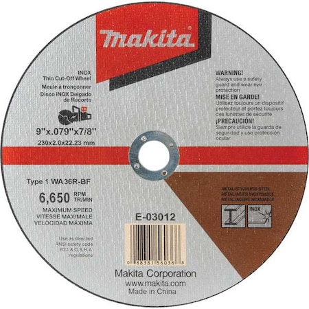 Abrasive Cut-Off Wheel, Type 1, 9 in Dia, 0.079 in Thick, 7/8 in Arbor Hole Size, Aluminum Oxide MPN:E-03012