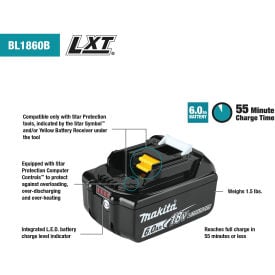 Makita® LXT® Power Tool Battery 6.0Ah Lithium-Ion 18V 55 Min Charge Time BL1860B