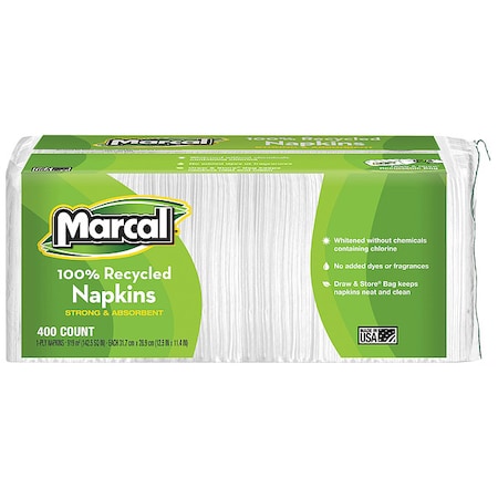 100% Recycled Lunch Napkins, 1-Ply, 11.4 x 12.5, White, PK400 MPN:6506