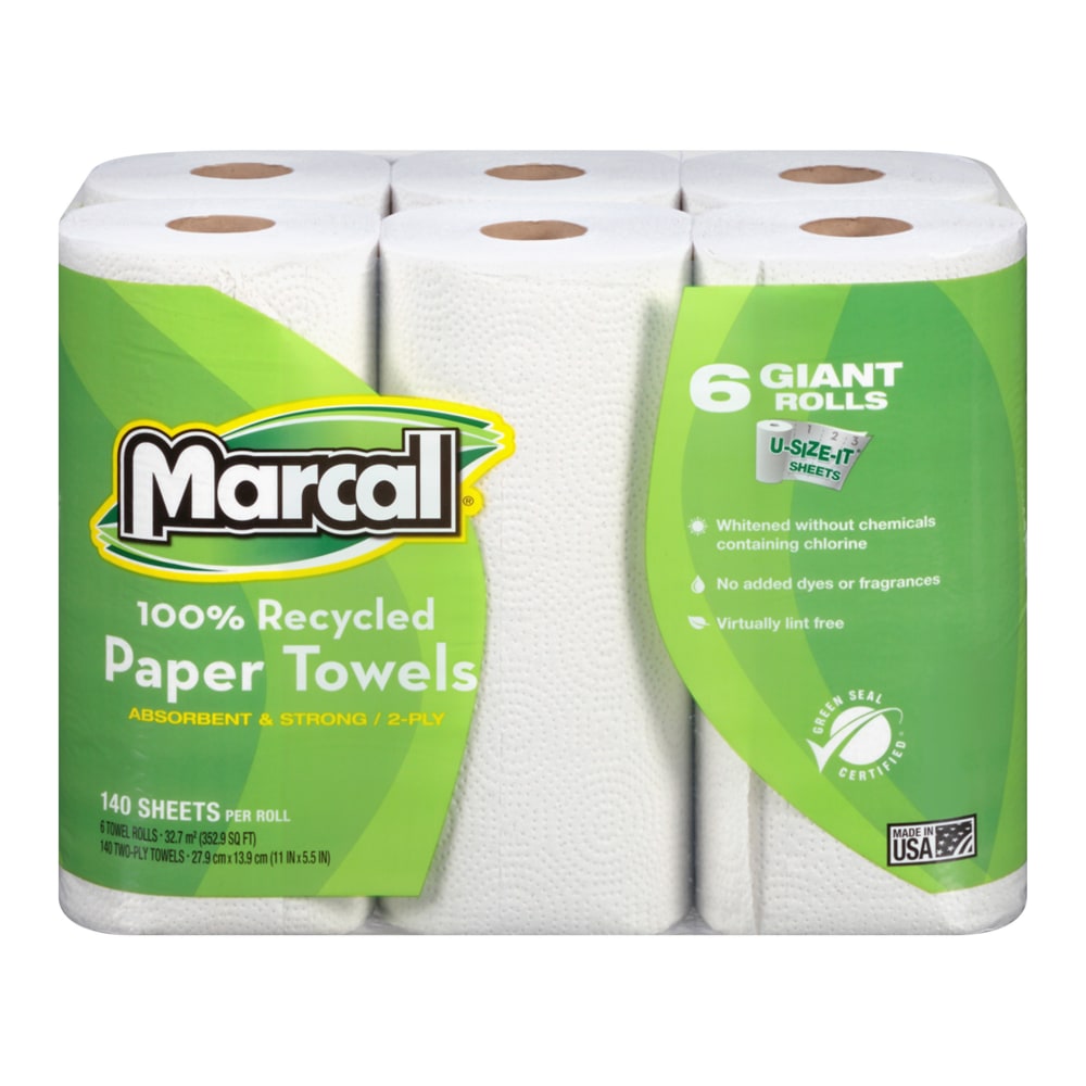 Marcal Small Steps U-Size-It 1-Ply Paper Towels, 100% Recycled, 140 Sheets Per Roll, Pack Of 6 Rolls (Min Order Qty 3) MPN:6181