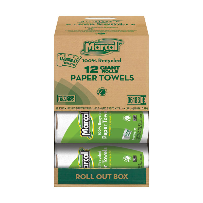 Marcal Small Steps U-Size-It 1-Ply Paper Towels, 100% Recycled, 140 Sheets Per Roll, Pack Of 12 Rolls (Min Order Qty 2) MPN:6183