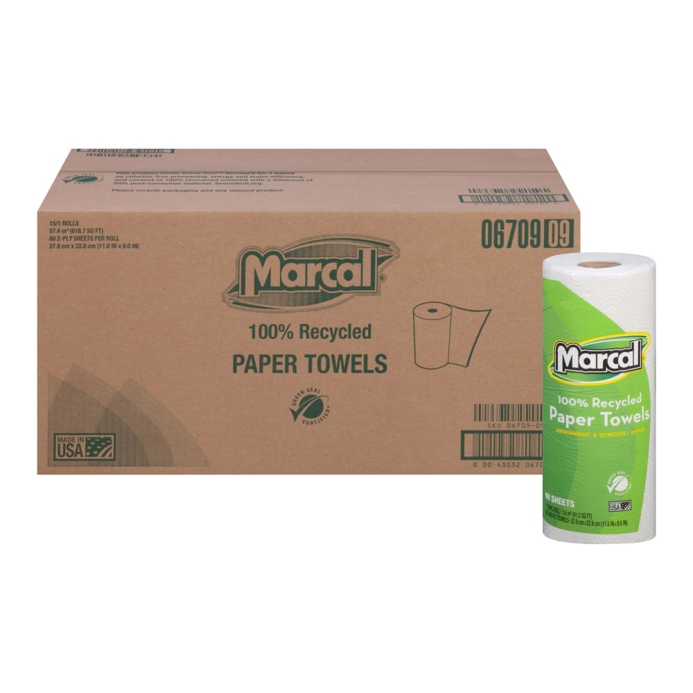 Marcal Small Steps 1-Ply Paper Towels, 100% Recycled, 60 Sheets Per Roll, Pack Of 15 Rolls (Min Order Qty 3) MPN:6709
