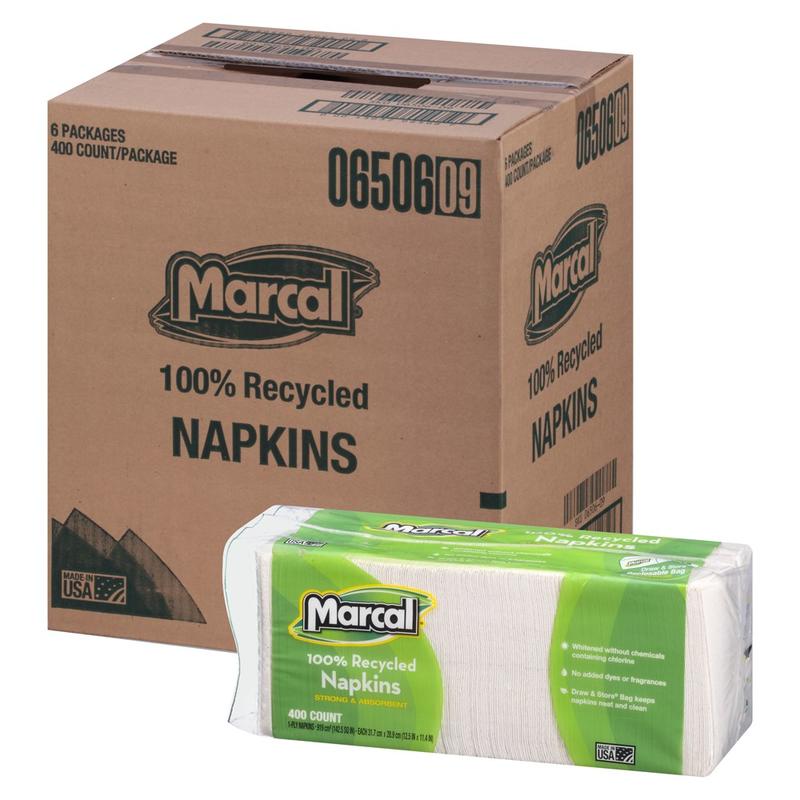Marcal 1-Ply Luncheon Napkins, 12-1/2inH x 11-1/4inW, 100% Recycled Paper, White, 400 Napkins Per Pack, 6 Packs Per Carton (Min Order Qty 2) MPN:6506-CT