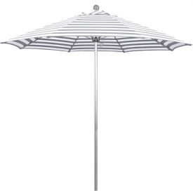 California Umbrella 9' Patio Umbrella Venture Series Silver Pole Olefin Gray/White Cabana Stripe ALTO908002-F95