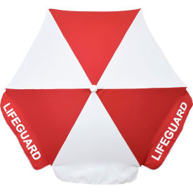 California Umbrella Lifeguard 6' Market Umbrella Silver Pole Olefin White/Red Alternating Panels ALUS606C002-F04-F13-LIFEGUARD-LOGO-AL-VA