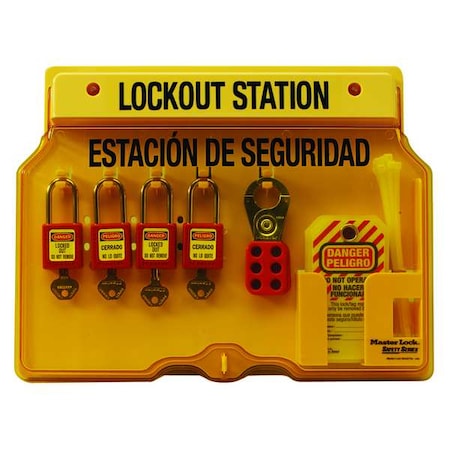 Lockout Station, 18 Components Included, Holds (4) Keyed Different Padlocks, English/Spanish, Yellow MPN:1482BP410ES