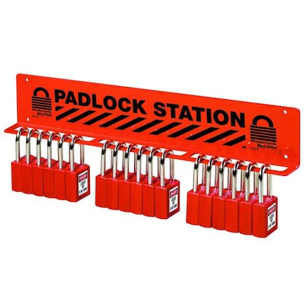 Padlock Station, Unfilled, Holds 18 Padlocks, 3 in H x 17.5 in W, English/French/Spanish, Red MPN:S1518