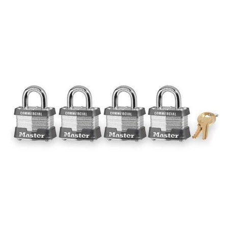 Padlocks, Keyed Alike, Standard Shackle, Rectangular Steel Body, Steel Shackle, 5/8 in W, 4 PK MPN:3QCOM
