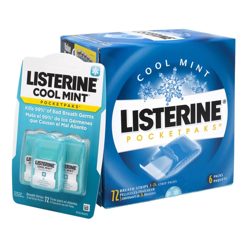 Listerine Cool Mint Pocketpacks Breath Strips, 24 Strips Per Pocketpack, Box Of 18 Pocketpacks MPN:221429