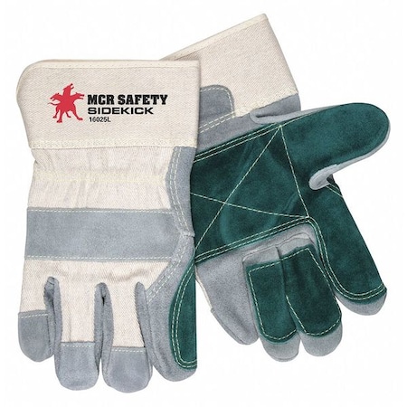 Leather Gloves, Cotton Canvas, Safety Cuff, Wing Thumb, Gray and Green Palm, Natural Back, L, 12 PK MPN:16025L