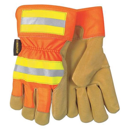 Leather Gloves, Pigskin, Safety Cuff, Wing Thumb, Full Finger, Gold, HiVis Orange and Yellow, M MPN:19251M