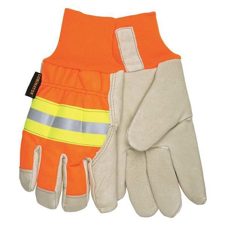 Leather Gloves, Pigskin Palm, Knit Cuff, Beige Palm, HiVis Orange and Yellow Back, 1 PR MPN:3440L