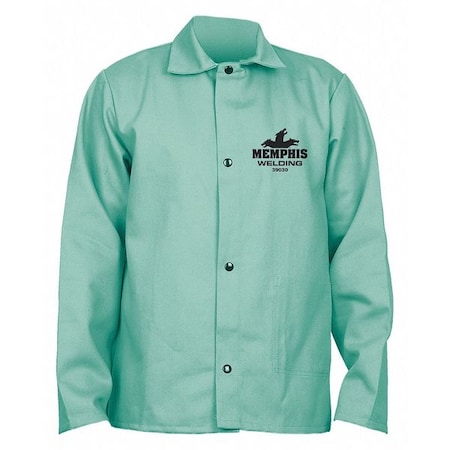 Welding Jacket, Excel FR, 9 oz, 74 in Length, Snaps Closure, Green, S MPN:39030S