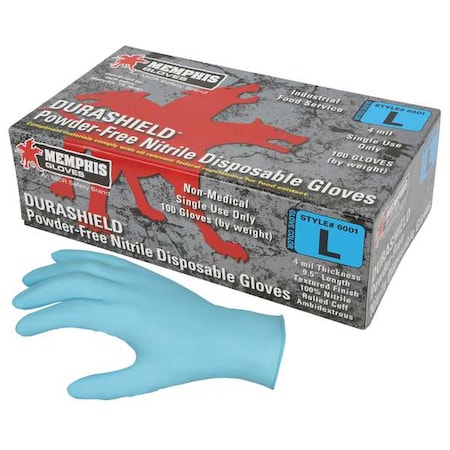 DuraShield 6001, Disposable Gloves, 4 mil Palm, Nitrile, Powder-Free, L, 100 PK, Blue MPN:6001L