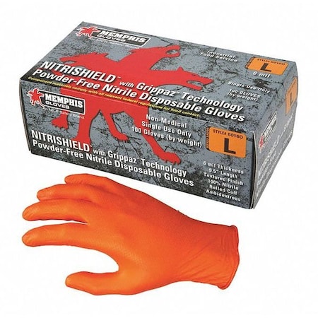 NitriShield with Grippaz, Nitrile Disposable Gloves, 6 mil Palm, Powder-Free, L, 100 PK, Orange MPN:6016OL