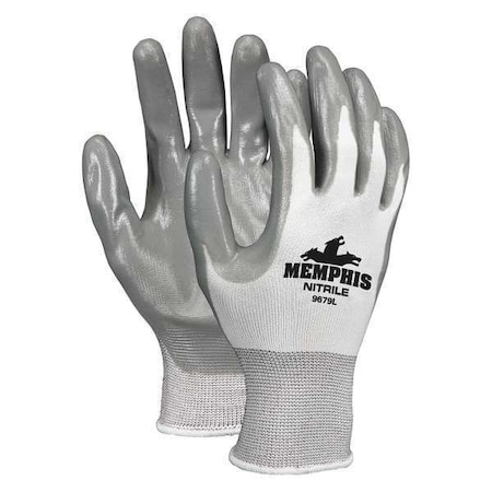 Coated Gloves, Nitrile, Smooth, Palm, 0 Abrasion Level, White, L (9) 1 PR MPN:9679L