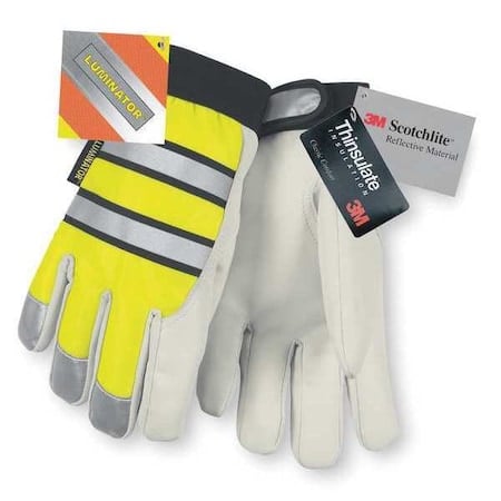 Hi-Vis Cold Protection Mechanics Gloves, Grain Goatskin Palm, Hook-and-Loop Cuff, Black/Lime/White MPN:968S