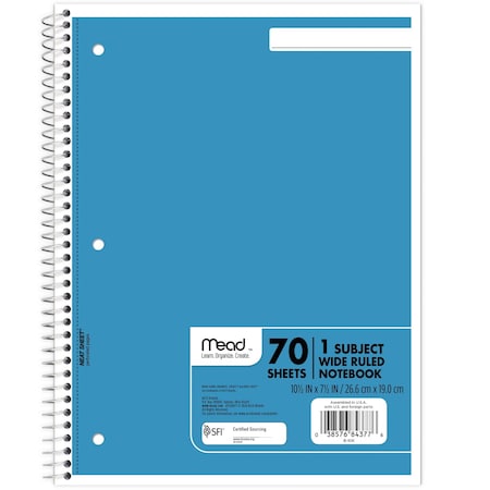 Spiral Notebook, 1 Subject, WR, 70 Shts, MPN:05510AY7