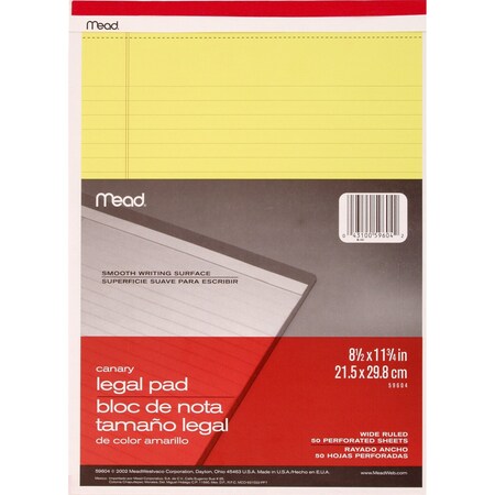 Legal Pad, 8 1/2in x 11in, Canary MPN:59604
