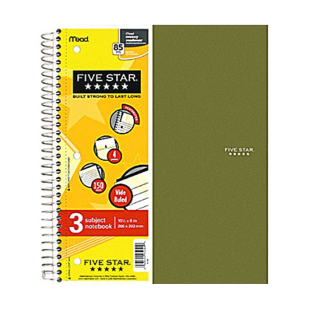 Five Star Notebook, 8in x 10 1/2in, 3 Subjects, Wide Ruled, 75 Sheets, Assorted Colors (No Color Choice) (Min Order Qty 7) MPN:5204