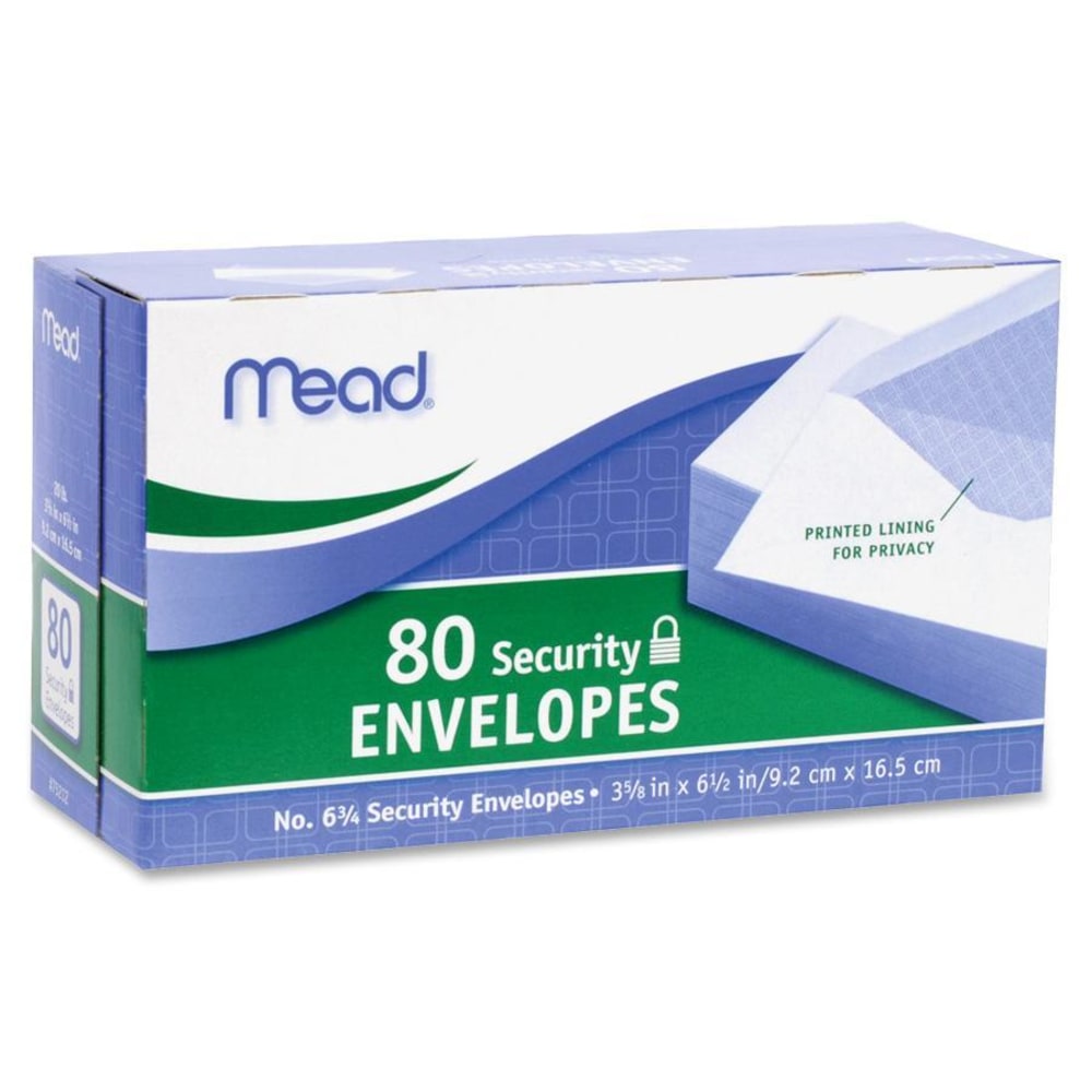 Mead White Security Envelopes - Security - #6 3/4 - 6 1/2in Width x 3 5/8in Length - 20 lb - Gummed - Wove - 80 / Box - White MPN:75212