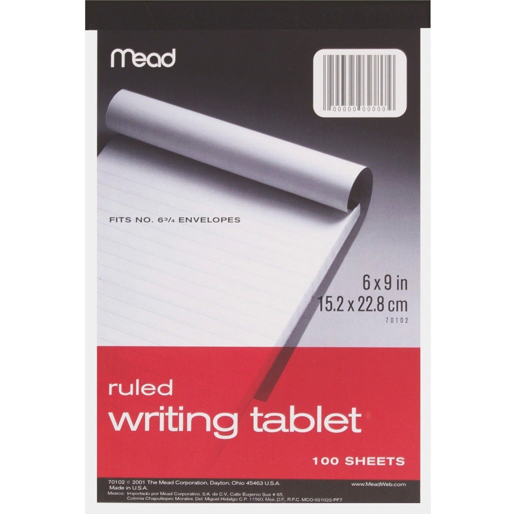Mead Ruled Writing Tablet - 100 Sheets - Ruled - 20 lb Basis Weight - 6in x 9in - White Paper - 1 Each (Min Order Qty 26) MPN:70102