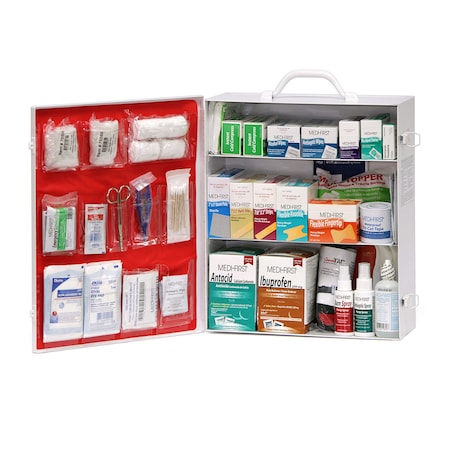 Three Shelf ANSI First Aid Cabinet, White, Steel 933 Components, 125 People Served MPN:745ANSI