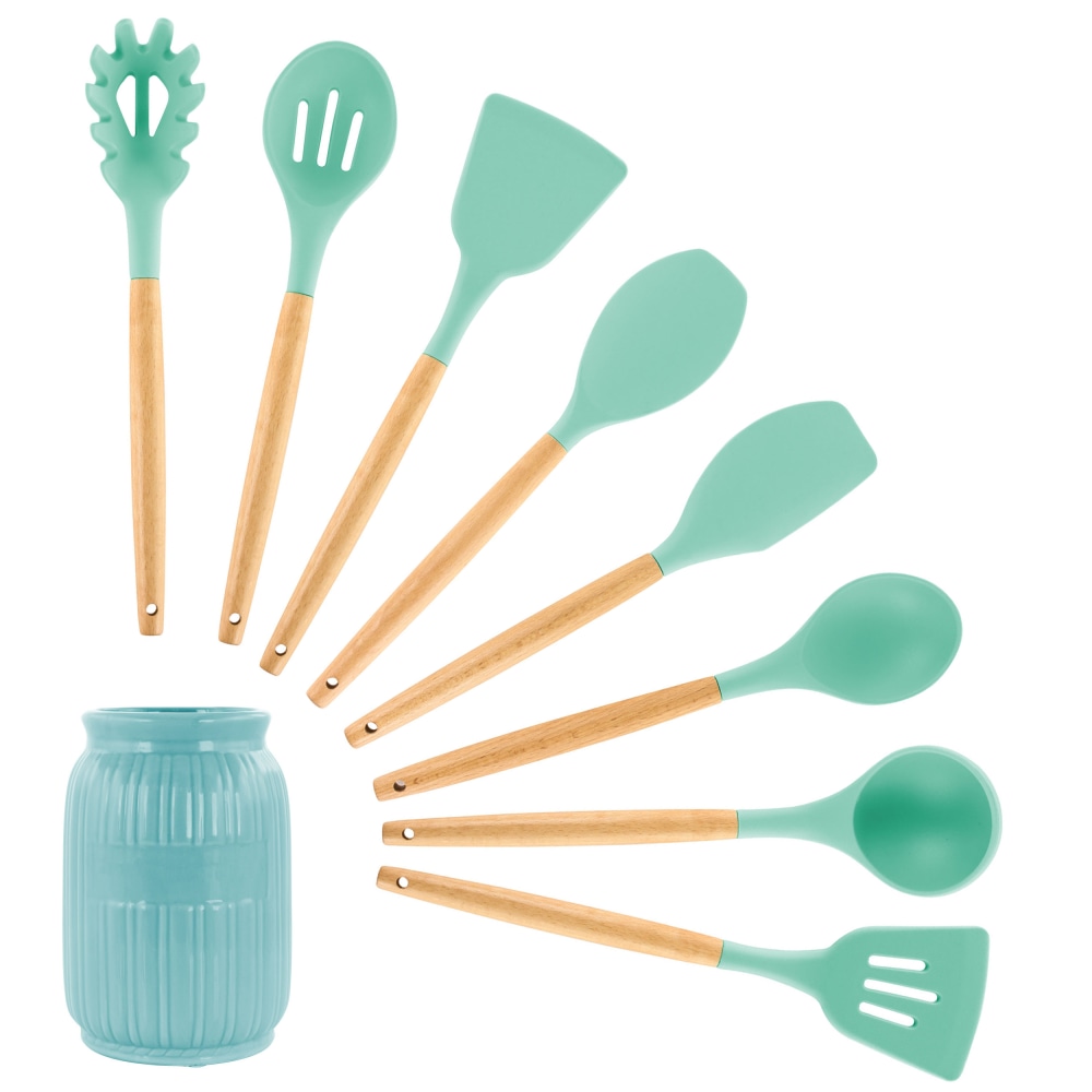 MegaChef Silicone And Wood Cooking Utensils, Mint Green, Set Of 9 Utensils MPN:995114357M
